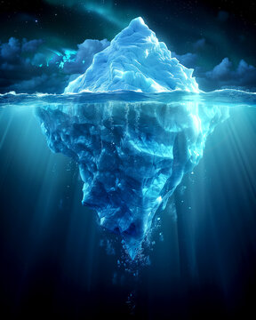 Underwater Risk - Global Warming Concept. Underwater iceberg floating in ocean. Image montage.