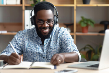 Joyful man with headphones experiencing bliss listening to music while studying.