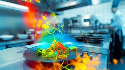 A captivating dish served with an array of colorful, dynamic flames in a busy professional kitchen