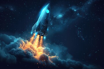 Launching Success: Futuristic Business Concept with Abstract Growth Graph and Rocket on Blue...