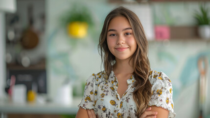 Portrait of a young woman with long hair, wearing a floral print top, standing indoors with soft focus background that includes houseplants and kitchenware.