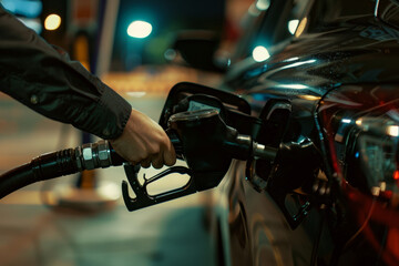 Refueling a sleek black car at a gas station at night, with a glow of lights.