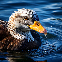 duck in water, Duck chick (Mallard duck, Anas platyrhynchos), swimming on the lake, duck swimming in water with water rings. - obrazy, fototapety, plakaty