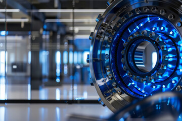 Futuristic vault door gleaming with neon blue in a high-security modern research facility. - obrazy, fototapety, plakaty