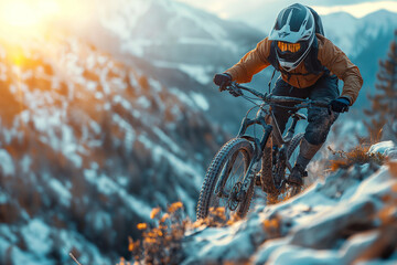 A daring mountain biker soaring through the air off a jump, embracing the thrill of adventure and the challenge of extreme sports in the mountainous wilderness. - obrazy, fototapety, plakaty