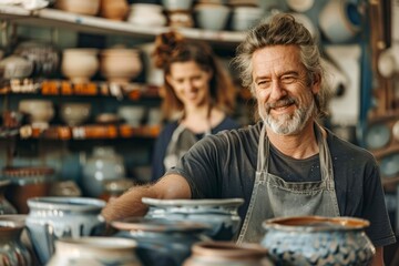 Fototapeta na wymiar Smiling Senior Male Potter Crafting Ceramic Pots with Female Assistant in Artisan Pottery Workshop