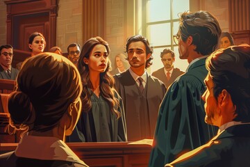 Dramatic Courtroom Scene with Tense Cross Examination and Attentive Jury in the Background, Illustration - obrazy, fototapety, plakaty