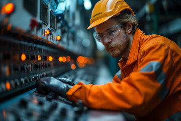 A worker in a heavy industry setting operates a robotic arm using a control panel, human expertise and advanced robotics technology.