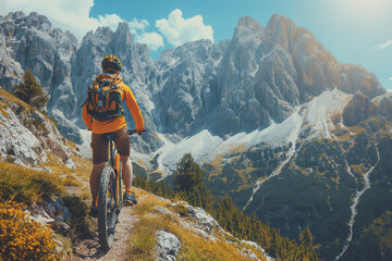 Fototapeta na wymiar A daring mountain biker soaring through the air off a jump, embracing the thrill of adventure and the challenge of extreme sports in the mountainous wilderness.