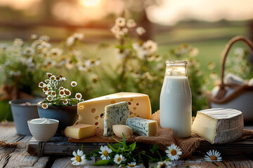 A variety of cheeses and a bottle of milk against the background of a meadow with daisies in the golden light of sunset. Concept: organic healthy food for a diet menu.