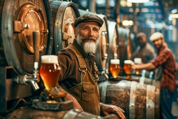 Fototapeta na wymiar Smiling Bearded Brewer in Apron Presenting Craft Beer at Brewery with Wooden Barrels and Colleagues