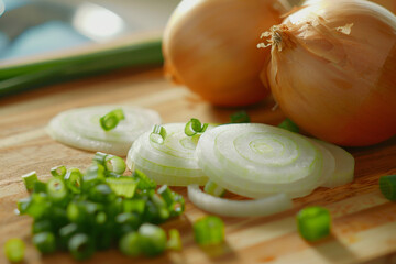 Freshly chopped onions and spring onions on a wooden cutting board.