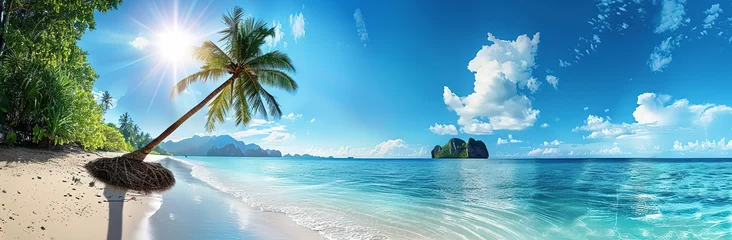 Foto op Canvas Beautiful tropical beach with palm tree and blue sky with clouds on sunny day. Panoramic banner of white sand © Sergio