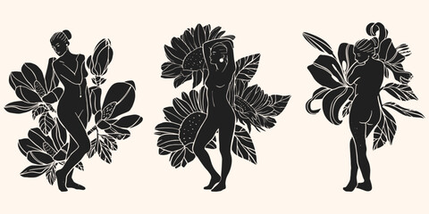 Set of silhouettes of girls with flowers in linocut style. Hand drawn illustration. - 767826723