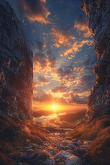A scenic view through a narrow canyon opening onto a vast landscape with a river at sunset. Fluffy clouds scatter the sky, catching the warm hues of the setting sun.
