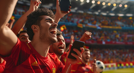 Euphoric football fans in red jerseys, cheering and celebrating with their mobile phones at the...