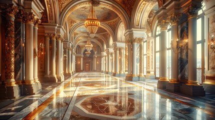Luxurious grand hallway with opulent marble floors, ornate golden columns, and a magnificent chandelier. - obrazy, fototapety, plakaty