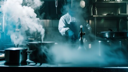 A chef is a silhouette against the bustling background of a steamy kitchen, evoking the intense atmosphere of culinary creation.