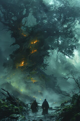 Mystical forest scenery with travelers walking through fog and ethereal blue light illuminating ancient trees and paths.