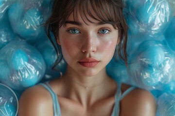 Bluehaired woman with striking blue eyes laying on bed of plastic blue balls, creating a surreal and colorful image