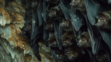 A group of bats hanging upside down on a textured surface, with their wings folded around them, peering out with visible curiosity, in a dimly lit habitat.