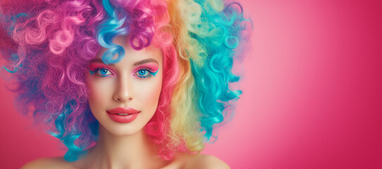 A woman with rainbow colored hair is smiling at the camera. The image has a bright and cheerful mood, with the colorful hair and the pink background - obrazy, fototapety, plakaty