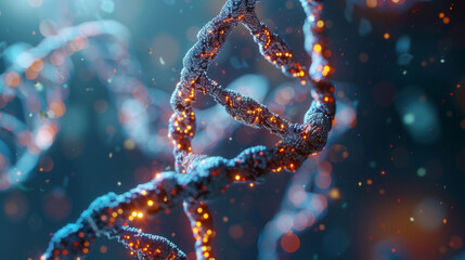 A stylized representation of a DNA double helix with illuminated particles suggesting a digital or biotechnological concept against a dark, bokeh background.