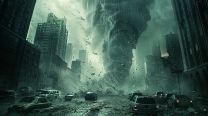 A cinematic portrayal of a tornado striking a city, with cars and debris caught in the powerful wind under dark and stormy skies. - obrazy, fototapety, plakaty