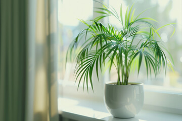Refreshing indoor greenery with a potted palm plant by the sunny window.