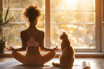 Woman meditating with a cat in front of a window, soaking in sunlight and finding inner peace, tranquil moment captured