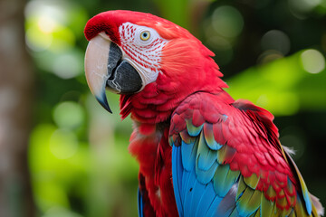 Fototapeta premium A colorful parrot with a red head and blue and green feathers. The bird is standing in a green forest