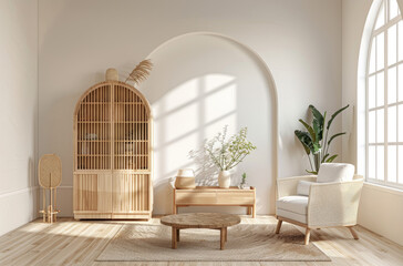 A living room with wooden furniture, white walls and arched doorways. The light wood floor and empty wall for mockups. There is also a sofa on the left side and some plants in vases placed around it