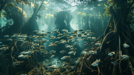 Sunlight filters through the water of a lush, serene underwater forest with numerous fish swimming around the tangled roots of mangrove trees.