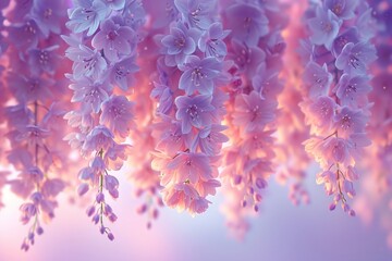 Gorgeous Purple Wisteria Flowers Hanging from Tree Branches during Sunset in Nature's Beauty and Tranquility