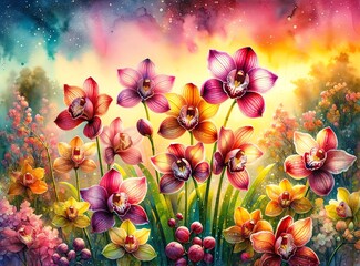 Vibrant Watercolor Painting of Cymbidium Orchid Flowers - obrazy, fototapety, plakaty