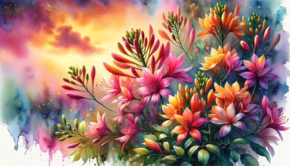 Vibrant Watercolor Painting of Flame of the Forest Flowers