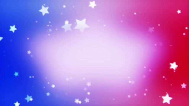 White star particles fade in and out, dancing around on a red, white, and blue background. Bright, patriotic, colorful background, looping animation. Motion graphic background. room for text