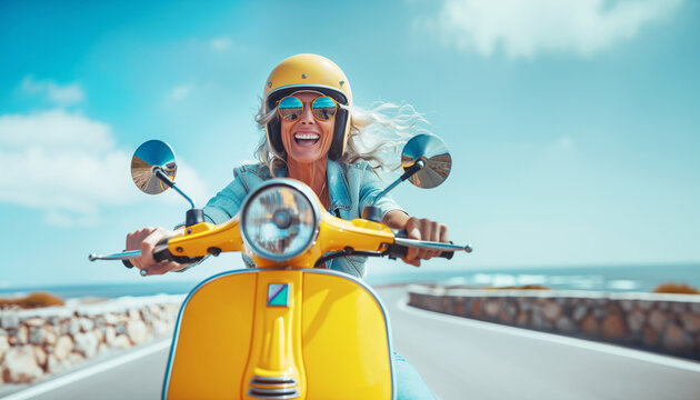 Embracing Life's Journey: laughing middle aged woman on yellow motor Scooter riding beach street road, Celebrating Retirement Benefits, Joyful Adventures.Happy elder retired people and travel concept - Powered by Adobe