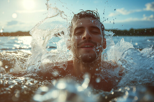 A man is swimming in the ocean and is smiling. The water is splashing around him, and he is enjoying the refreshing feeling of the water