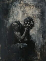 One distressed man, abstract illustration, grayscale palette, concept space. Despair, solitude.