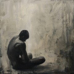 concept of depression, loneliness, stress Monochrome painting of a solitary figure man in contemplation, evoking themes of loneliness and introspection - obrazy, fototapety, plakaty