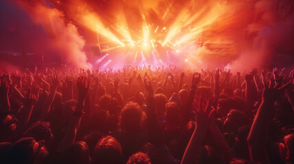 Concert crowd with raised hands enjoying live music, vibrant stage lights and fog create a dynamic atmosphere.