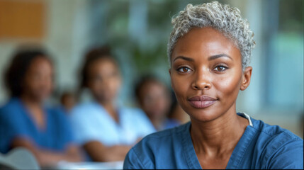 Concentrating Nurse in Blue Scrubs at a Professional Seminar - obrazy, fototapety, plakaty