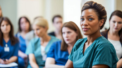 Concentrating Nurse in Blue Scrubs at a Seminar - obrazy, fototapety, plakaty
