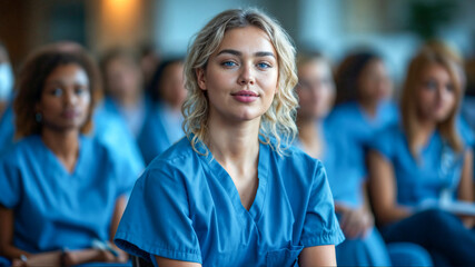 Focused Nurse in Blue Scrubs Attends Healthcare Seminar - obrazy, fototapety, plakaty