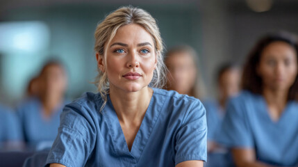 Focused Nurse Listening Intently at Medical Seminar - obrazy, fototapety, plakaty