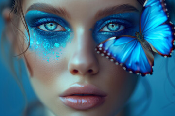 Close up portrait of a beautiful woman with blue eyeshadow and a blue butterfly on her face, trendy makeup, creative 
