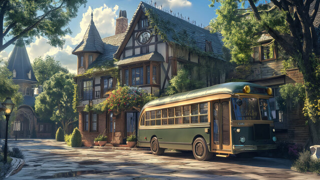 Artistic illustration of quaint town street with a classic trolley bus and pedestrians