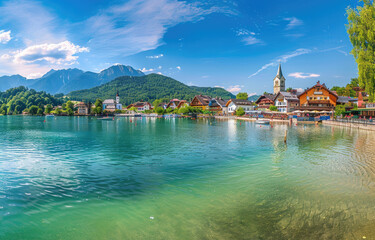 Extract from the most beautiful town of Hall in Austria overlooking a lake with a church and mountain range