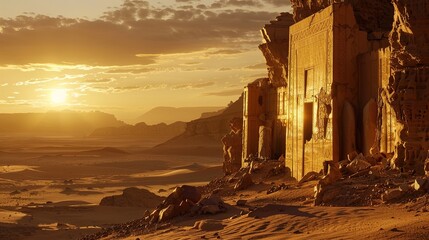 The sun setting behind the weathered facade of an old desert fortress, with sandstone walls, ornate...